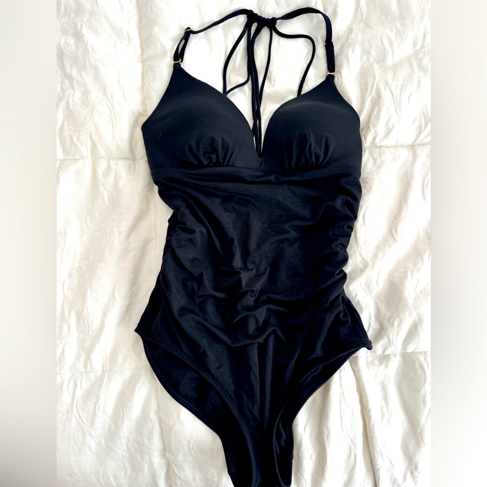 Athleta Double Strap Plunge One Piece Black Swimsuit Sz S